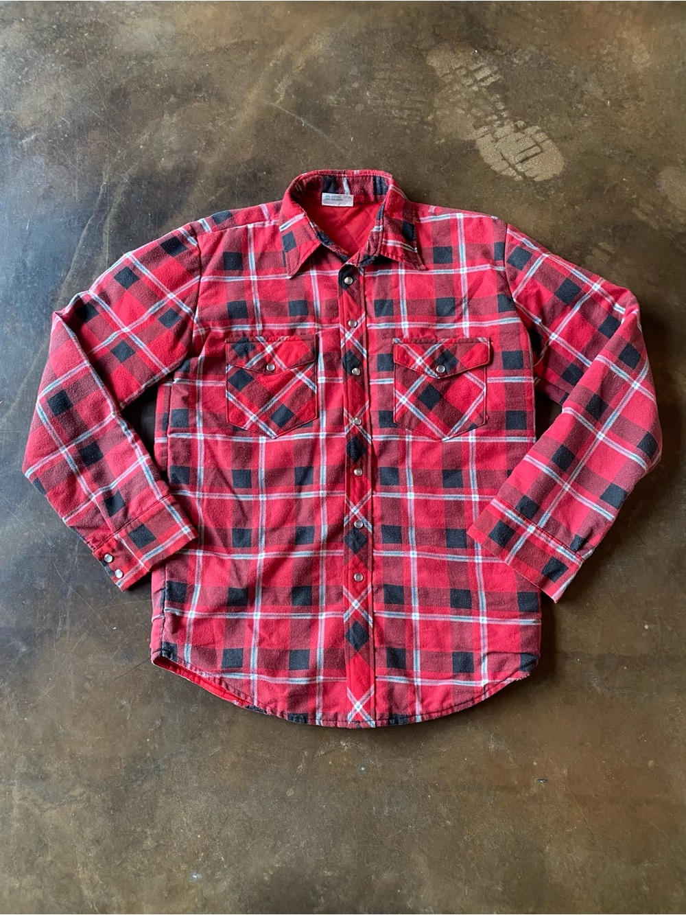VTG 70s Bell Shirt Red Plaid Pearl Button-Up Flannel Insulated Shirt
